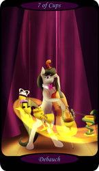 Size: 1500x2591 | Tagged: safe, artist:sixes&sevens, imported from derpibooru, part of a set, octavia melody, earth pony, pony, snake, bipedal, blood, bow (instrument), cello, crown, female, gem, goblet, implied vinyl scratch, jewelry, laurel wreath, mask, minor arcana, musical instrument, regalia, solo, spotlight, stage, tarot card