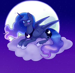 Size: 1553x1511 | Tagged: safe, artist:iobunny, artist:lobunny, imported from derpibooru, princess luna, alicorn, pony, blushing, cloud, cute, eyes closed, female, full moon, lunabetes, lying down, lying on a cloud, mare, moon, night, on a cloud, prone, sky, smiling, solo