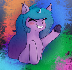 Size: 1345x1305 | Tagged: safe, artist:moonlightrift, imported from derpibooru, izzy moonbow, pony, unicorn, spoiler:g5, abstract background, blushing, chest fluff, ear fluff, eyes closed, female, g5, mare, raised hoof, smiling, solo, unshorn fetlocks, waving