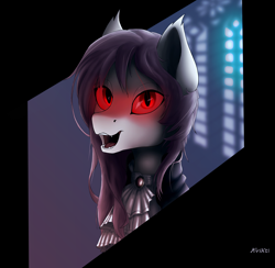 Size: 3747x3664 | Tagged: safe, artist:kviksi, imported from derpibooru, fluttershy, bat pony, pony, vampire, bat ponified, brooch, bust, clothes, fangs, female, flutterbat, glowing eyes, high res, jewelry, looking at you, open mouth, portrait, race swap, red eyes, simple background, solo, solo female, victorian