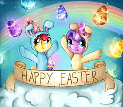 Size: 1280x1113 | Tagged: safe, artist:appleneedle, imported from derpibooru, apple bloom, diamond tiara, earth pony, pony, rabbit, adorabloom, animal, animal costume, art, banner, bunny bloom, bunny costume, bunny ears, bunny tiara, character, clothes, cloud, costume, cute, diamondbetes, digital, draw, drawing, easter, easter egg, egg, fanart, female, filly, happy easter, holiday, magic, paint, painting, rainbow, wish