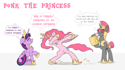 Size: 3840x2160 | Tagged: safe, artist:cocaine, imported from derpibooru, pinkie pie, twilight sparkle, alicorn, pony, unicorn, alicornified, bipedal, boombox, bubblegum, dab, fidget spinner, food, gum, high res, jewelry, pinkiecorn, ponk, princess pinkie pie, race swap, raised hoof, regalia, royal guard, shutter shades, sliding, sunglasses, text, thought bubble, twilight sparkle (alicorn), xk-class end-of-the-world scenario