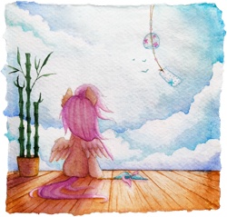 Size: 1024x979 | Tagged: safe, artist:0okami-0ni, imported from derpibooru, fluttershy, bird, pegasus, pony, bamboo, ear fluff, female, looking away, mare, pinwheel (toy), rear view, sitting, sky, solo, spread wings, traditional art, watercolor painting, wind chime, windswept mane, wings, wooden floor