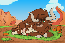 Size: 3024x2024 | Tagged: safe, artist:duragan, imported from derpibooru, arizona cow, bull, cow, them's fightin' herds, arizona (tfh), arizonadorable, community related, cute, daaaaaaaaaaaw, duo, father and child, father and daughter, female, grass, high res, male, prairie, rock, snuggling, texas (tfh), wholesome