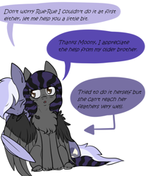 Size: 722x860 | Tagged: safe, artist:chezamoon18, imported from derpibooru, oc, oc only, oc:half moon, oc:rune riddle, pegasus, april fools, april fools 2021, brother and sister, chest fluff, colt, dialogue, feather, female, filly, fluffy, grooming, half-siblings, male, nom, pegasus oc, preening, sibling bonding, siblings, simple background, sitting, two toned mane, two toned wings, unshorn fetlocks, white background, wings