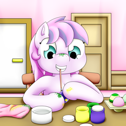 Size: 2500x2500 | Tagged: safe, artist:pvryohei, imported from derpibooru, imported from ponybooru, applecore, piña colada, earth pony, pony, awwpplecore, bedroom, cute, easter, easter egg, egg, female, filly, high res, holiday, mouth hold, paint, paintbrush, painting, piña cutelada, solo