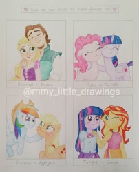 Size: 1073x1325 | Tagged: safe, artist:mmy_little_drawings, imported from derpibooru, applejack, pinkie pie, rainbow dash, sunset shimmer, twilight sparkle, alicorn, earth pony, human, pony, equestria girls, accessory theft, anna, appledash, bust, clothes, crossover, eyes closed, female, flynn rider, four ships fanart, frozen (movie), hat, lesbian, male, mare, one eye closed, rapunzel, shipping, side hug, smiling, straight, sunsetsparkle, tangled (disney), traditional art, twilight sparkle (alicorn), twinkie, watermark, wink