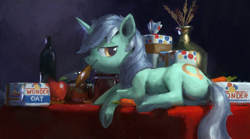 Size: 2924x1621 | Tagged: safe, artist:rhorse, lyra heartstrings, pony, unicorn, apple, bread, carrot, food, looking back, painting, smiling, still life, wine bottle, wonder bread