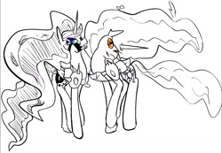 Size: 1280x887 | Tagged: safe, artist:cammy, imported from ponybooru, daybreaker, nightmare moon, princess celestia, princess luna, alicorn, pony, duo, duo female, female, horn, looking at you, mare, open mouth, raised hoof, raised leg, royal sisters, siblings, simple background, sisters, sketch, smiling, spikes, white background, wings