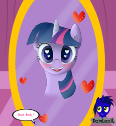 Size: 3840x4154 | Tagged: safe, artist:damlanil, imported from derpibooru, twilight sparkle, alicorn, pony, blushing, carousel boutique, comic, cute, female, happy, heart, heart eyes, horn, looking at you, mare, mirror, open mouth, simple background, smiling, text, twiabetes, twilight sparkle (alicorn), vector, wingding eyes, wings