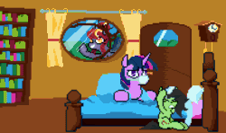 Size: 812x480 | Tagged: safe, artist:cammy, imported from ponybooru, twilight sparkle, oc, oc:filly anon, oc:porona, animated, coronavirus, female, filly, pixel art, ringing bell