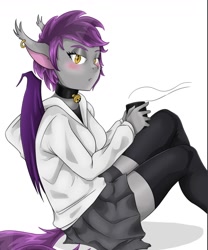 Size: 1080x1300 | Tagged: safe, artist:colliflour, imported from derpibooru, oc, oc only, oc:colli, anthro, bat pony, bat pony oc, bat wings, clothes, coffee mug, collar, female, females only, looking at you, mare, mug, piercing, skirt, socks, solo, sweater, wings