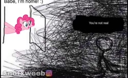 Size: 1178x720 | Tagged: safe, editor:notxweeb, imported from derpibooru, pinkie pie, earth pony, pony, caption, dark, image macro, meme, schizo, stick figure, text, watermark