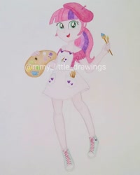 Size: 1080x1350 | Tagged: safe, artist:mmy_little_drawings, imported from derpibooru, oc, oc only, equestria girls, beret, clothes, female, hat, obtrusive watermark, paintbrush, palette, skirt, smiling, solo, traditional art, watermark