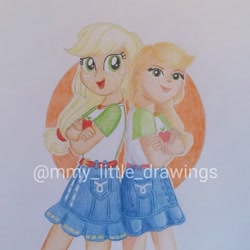 Size: 943x943 | Tagged: safe, artist:mmy_little_drawings, imported from derpibooru, applejack, equestria girls, :d, clothes, crossed arms, duo, eyelashes, female, freckles, obtrusive watermark, open mouth, self paradox, shorts, smiling, traditional art, watermark