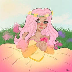 Size: 1080x1080 | Tagged: safe, artist:_denart, artist:rapunzelights, imported from derpibooru, fluttershy, human, blushing, clothes, dress, eyelashes, female, flower, flower in hair, humanized, lipstick, outdoors, signature, smiling, solo