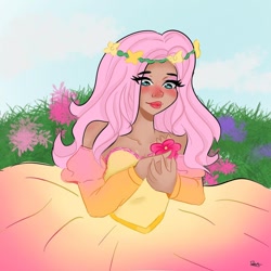 Size: 1080x1080 | Tagged: safe, alternate version, artist:_denart, artist:rapunzelights, imported from derpibooru, fluttershy, human, blushing, clothes, dress, eyelashes, female, flower, flower in hair, humanized, lipstick, outdoors, signature, smiling, solo