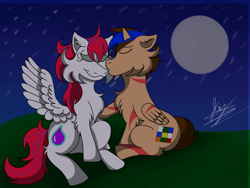 Size: 1600x1200 | Tagged: safe, artist:jay_wackal, imported from derpibooru, oc, oc only, oc:droplet rain, alicorn, pegasus, pony, eyes closed, eyeshadow, kissing, makeup, night, wings