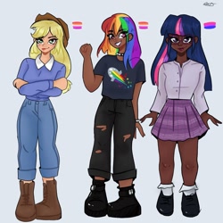 Size: 1080x1080 | Tagged: safe, artist:_denart, artist:rapunzelights, imported from derpibooru, applejack, rainbow dash, twilight sparkle, human, choker, clothes, crossed arms, dark skin, ear piercing, earring, eyelashes, female, fist pump, glasses, grin, hat, humanized, jewelry, lipstick, pants, piercing, pride flag, shoes, signature, simple background, skirt, smiling, spiked choker, torn clothes