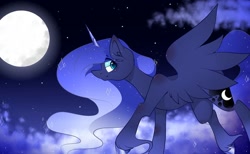 Size: 1080x667 | Tagged: safe, artist:tessa_key_, imported from derpibooru, princess luna, alicorn, pony, ethereal mane, eyelashes, female, flying, full moon, hoof fluff, hoof polish, horn, makeup, mare, moon, night, outdoors, smiling, solo, starry mane, stars, wings