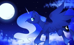 Size: 1080x667 | Tagged: safe, alternate version, artist:tessa_key_, imported from derpibooru, princess luna, alicorn, pony, ethereal mane, eyelashes, female, flying, full moon, hoof fluff, hoof polish, horn, makeup, mare, moon, night, outdoors, smiling, solo, starry mane, stars, wings