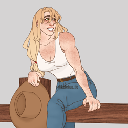 Size: 3000x3000 | Tagged: safe, artist:rdstartie, imported from derpibooru, applejack, human, alternate hairstyle, applejack's hat, belt, breasts, busty applejack, clothes, cowboy hat, female, fence, freckles, gray background, grin, hat, high res, humanized, jeans, pants, simple background, smiling, solo, tanktop