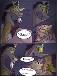 Size: 768x1024 | Tagged: safe, artist:cocolove2176, imported from derpibooru, discord, fluttershy, draconequus, pegasus, pony, comic:never leave, comic, dialogue, discoshy, eyes closed, female, male, mare, sad, shipping, sleeping, straight