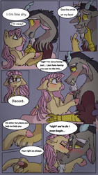 Size: 720x1280 | Tagged: safe, artist:cocolove2176, imported from derpibooru, discord, fluttershy, draconequus, pegasus, pony, comic:never leave, blushing, colored hooves, comic, dialogue, discoshy, eyes closed, female, holding hooves, male, mare, sad, shipping, straight