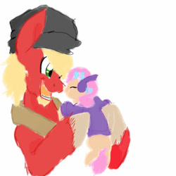 Size: 685x685 | Tagged: safe, artist:sonicsketcher64, imported from derpibooru, big macintosh, oc, oc:angel face macintosh, earth pony, pony, beard, boop, cute, duo, earmuffs, facial hair, father and child, father and daughter, female, filly, hat, holding a pony, male, noseboop, ocbetes, offspring, parent:big macintosh, parent:fluttershy, parents:fluttermac, simple background, stallion, white background