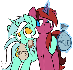 Size: 2400x2300 | Tagged: safe, artist:skookz, imported from derpibooru, lyra heartstrings, pony, unicorn, aryl, bag, duo, evil twin, female, food, happy, herbivore, high res, hug, looking at each other, magic, magic aura, mare, mouth hold, oats, serious, siblings, simple background, sisters, transparent background, twins