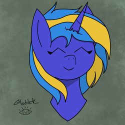 Size: 1024x1024 | Tagged: safe, artist:globlet_, imported from derpibooru, oc, oc only, oc:scribbling ink, pony, unicorn, colored, digital art, eyes closed, horn, looking at you, sketch, smiling, smiling at you, solo, unicorn oc