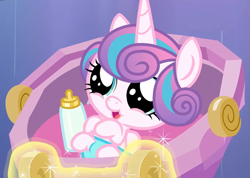 Size: 1517x1080 | Tagged: safe, imported from derpibooru, screencap, princess flurry heart, pony, the times they are a changeling, aura, baby, baby bottle, baby carrier, baby flurry heart, baby pony, cooing, cradle, cute, cute baby, daaaaaaaaaaaw, diaper, female, filly, flurrybetes, happy, implied sunburst, magic, magic aura, offscreen character, solo, stoller, stroller, weapons-grade cute