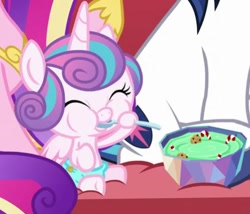 Size: 447x382 | Tagged: safe, imported from derpibooru, screencap, princess cadance, princess flurry heart, shining armor, pony, best gift ever, baby, baby flurry heart, baby pony, bowl, bowl of pudding, candy, candy cane, cookie, cute, cute baby, diaper, eating, eyes closed, food, pudding, puddinghead's pudding, spoon