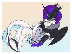 Size: 3700x2788 | Tagged: source needed, safe, artist:beardie, imported from derpibooru, oc, oc:yiazmat, draconequus, draconequus oc, high res, horns, hug, snuggling, tail