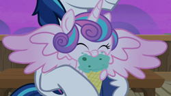 Size: 1000x563 | Tagged: safe, imported from derpibooru, screencap, princess flurry heart, shining armor, pony, once upon a zeppelin, baby, baby flurry heart, baby pony, eating, food, ice cream, ice cream cone, night