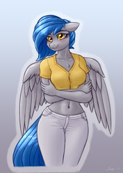 Size: 2356x3333 | Tagged: safe, artist:dandy, imported from derpibooru, oc, oc only, oc:rainstorm, anthro, pegasus, aeroverse, belly button, blushing, breasts, chest fluff, clothes, commission, crossed arms, explicit source, female, floppy ears, high res, looking at you, mare, pants, short shirt, solo, wings