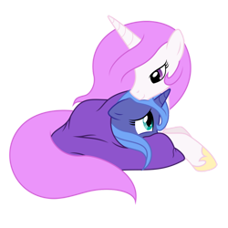 Size: 900x900 | Tagged: safe, artist:mamandil, imported from derpibooru, princess celestia, princess luna, pony, baby, baby luna, baby pony, blanket, comforting, female, filly, pink-mane celestia, scared, simple background, transparent background, woona, younger