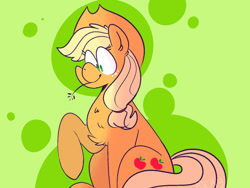 Size: 1280x960 | Tagged: safe, artist:rick-yy, imported from derpibooru, applejack, earth pony, pony, abstract background, chest fluff, female, mare, no pupils, sitting, solo, straw in mouth