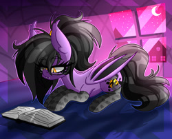 Size: 1630x1320 | Tagged: safe, artist:ladylullabystar, imported from derpibooru, oc, oc only, bat pony, pony, book, clothes, female, glasses, lying down, mare, night, prone, reading, socks, solo, stockings, thigh highs
