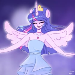 Size: 2048x2048 | Tagged: safe, alternate version, artist:rapunzelights, artist:twiskielulamoon, imported from derpibooru, twilight sparkle, alicorn, human, equestria girls, alicorn humanization, bare shoulders, choker, clothes, dress, eyes closed, grin, high res, horn, horned humanization, humanized, jewelry, lipstick, purple background, signature, simple background, sleeveless, smiling, solo, spread wings, strapless, tiara, twilight sparkle (alicorn), winged humanization, wings