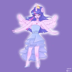 Size: 2048x2048 | Tagged: safe, alternate version, artist:rapunzelights, artist:twiskielulamoon, imported from derpibooru, twilight sparkle, alicorn, human, equestria girls, alicorn humanization, bare shoulders, choker, clothes, dress, eyes closed, grin, high heels, high res, horn, horned humanization, humanized, jewelry, lipstick, purple background, shoes, signature, simple background, sleeveless, smiling, solo, spread wings, strapless, tiara, twilight sparkle (alicorn), winged humanization, wings