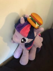 Size: 1080x1440 | Tagged: safe, imported from derpibooru, twilight sparkle, alicorn, pony, 4de, burger, food, irl, photo, plushie, solo, that pony sure does love burgers, twilight burgkle, twilight sparkle (alicorn)