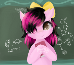 Size: 2066x1806 | Tagged: safe, artist:waret milout, imported from derpibooru, earth pony, pegasus, pony, apple, black, book, chemistry, classroom, clothes, commission, cute, female, food, photo, pink, school, schoolgirl, solo