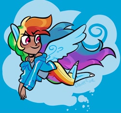 Size: 2048x1917 | Tagged: safe, artist:carconutty, imported from derpibooru, rainbow dash, human, dark skin, female, flying, humanized, moderate dark skin, ponied up, solo, winged humanization, wings