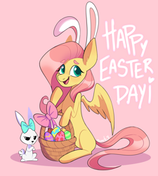 Size: 3130x3484 | Tagged: safe, artist:dymitre, artist:reborn3580, imported from derpibooru, angel bunny, fluttershy, pegasus, pony, rabbit, angel bunny is not amused, animal, basket, bow, bunny ears, cute, duo, ear fluff, easter, easter bunny, easter egg, female, hair bow, high res, holiday, male, mare, missing cutie mark, open mouth, pink background, shyabetes, simple background, sitting, text, unamused