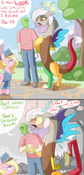 Size: 1269x2632 | Tagged: safe, artist:nignogs, imported from derpibooru, discord, oc, oc:anon, draconequus, earth pony, human, pony, (you), 2 panel comic, blonde, blonde mane, blue eyes, blushing, chest fluff, comic, dialogue, eris, female, flustered, halo, holding hands, human male, male, mare, park, police, police officer, ponice, reversed gender roles equestria, reversed gender roles equestria general, rule 63, speech bubble, spread wings, wingboner, wings