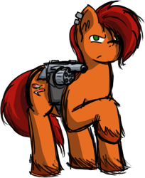 Size: 429x525 | Tagged: safe, artist:skydreams, imported from derpibooru, oc, oc:scorched earth, earth pony, pony, fallout equestria, battle saddle, ear piercing, earring, earth pony oc, female, green eyes, grenade launcher, jewelry, mare, orange fur, piercing, red mane, red tail, simple background, sketch, transparent background, weapon