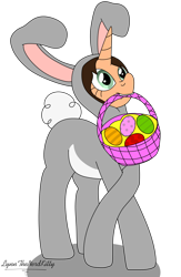 Size: 1280x1966 | Tagged: safe, artist:lynnthenerdkitty, imported from derpibooru, oc, oc only, oc:small brooke, pony, unicorn, animal costume, basket, bunny costume, clothes, costume, easter egg, mouth hold, simple background, solo, transparent background