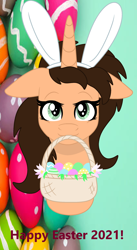 Size: 1400x2555 | Tagged: safe, artist:lynnthenerdkitty, imported from derpibooru, oc, oc:small brooke, pony, unicorn, basket, bunny ears, easter egg, mouth hold