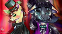 Size: 1800x1000 | Tagged: safe, artist:ariamidnighters, artist:midnight-bats, imported from derpibooru, coloratura, flim, earth pony, pony, unicorn, clothes, countess coloratura, crossover, female, floppy ears, grin, hat, magic, male, mare, smiling, stallion, telekinesis, the greatest showman